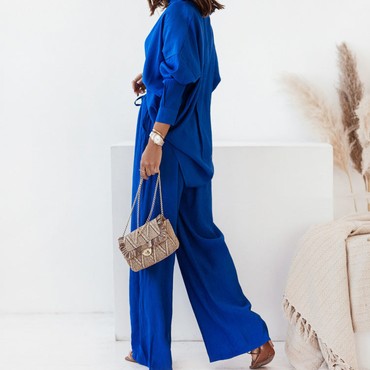 Women's Solid Shirt & Wide Leg Pants Lounge Set