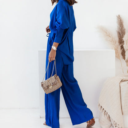 Women's Solid Shirt & Wide Leg Pants Lounge Set