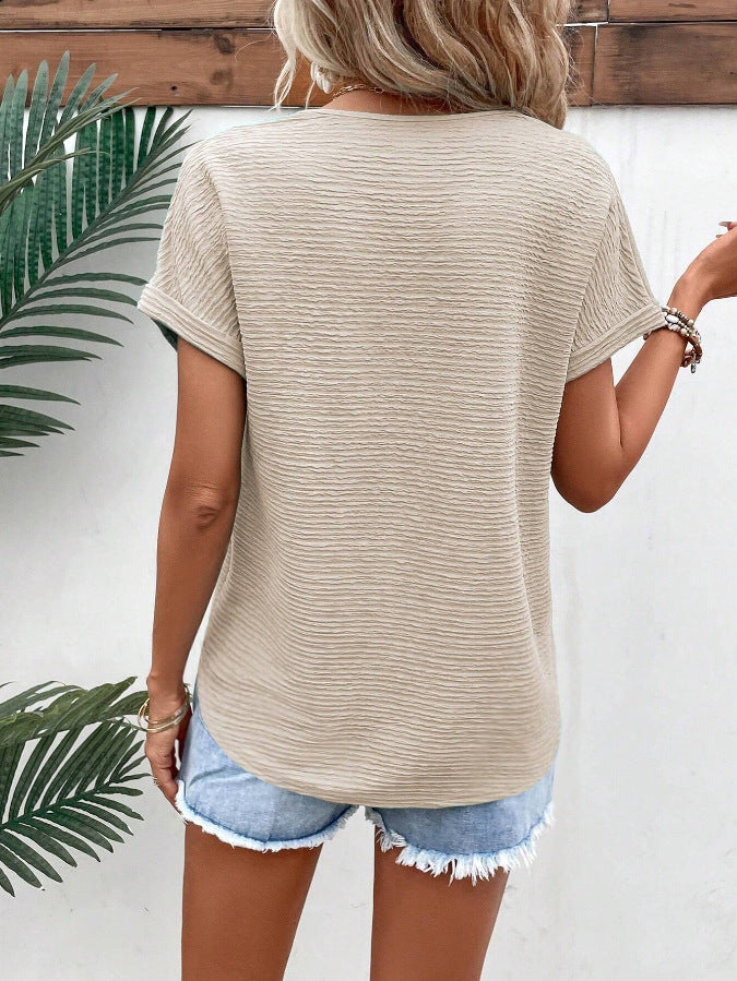 Textured V Neck Short Sleeve Top for Summer Women
