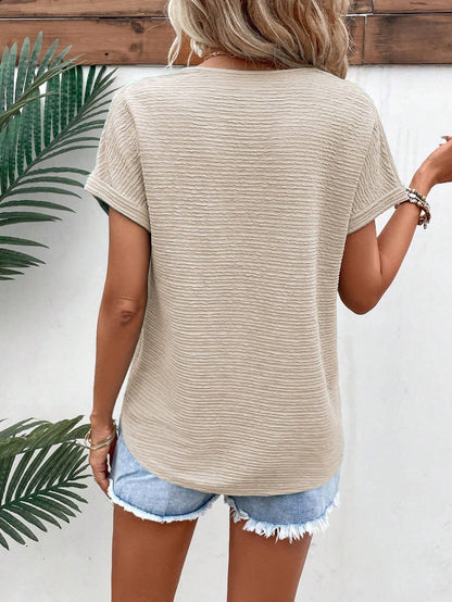 Textured V Neck Short Sleeve Top for Summer Women