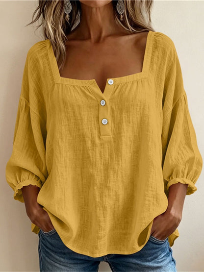 Women's Square Neck Puff Sleeve Button Loose Blouse Top