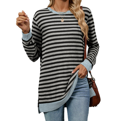 Women's Striped Color Block Oversized Long Sleeve Tunic Top