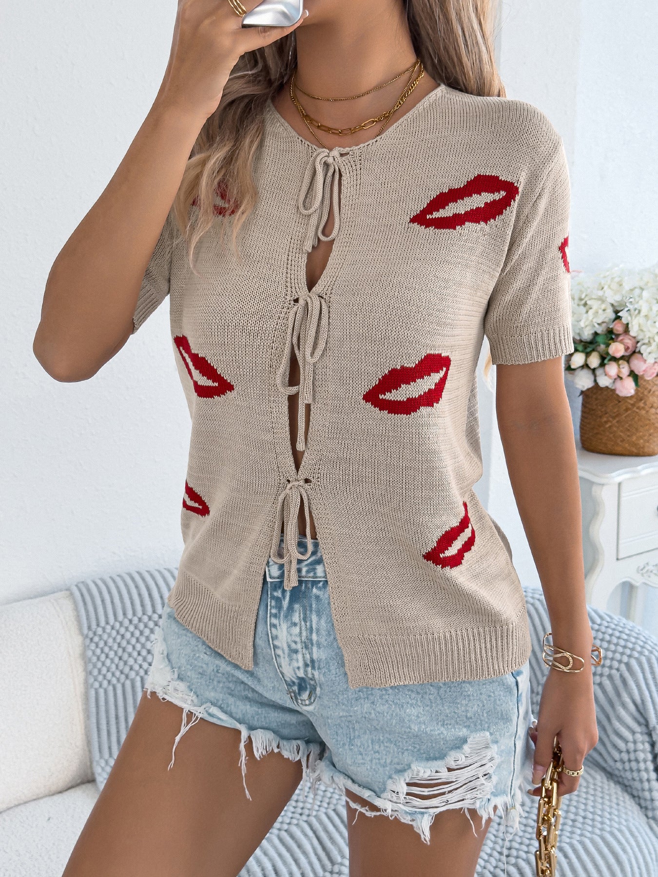 Lips Pattern Tie Front Knit Cardigan Sweater Top