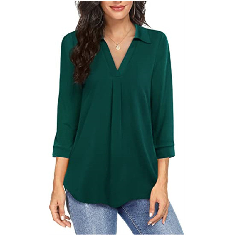 Women's V Neck Chiffon Blouse 3/4 Sleeve Loose Button Top