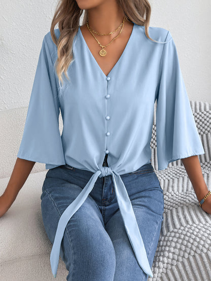 Women's V Neck Button Down Tie Front 3/4 Sleeve Blouse