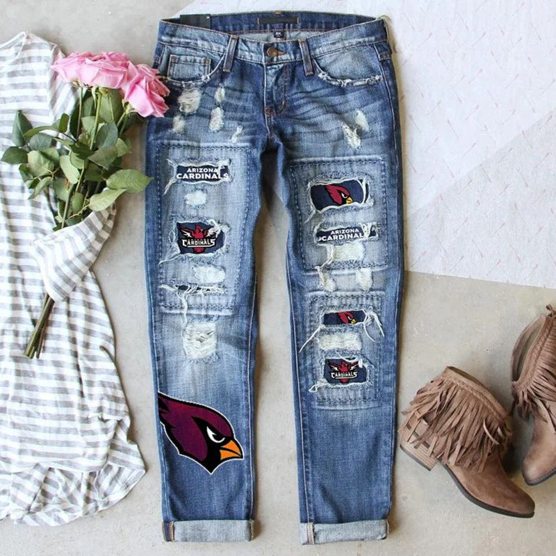 Game Day Mid-Rise Distressed Floral Print Straight Leg Denim Jeans
