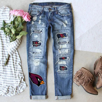 Game Day Mid-Rise Distressed Floral Print Straight Leg Denim Jeans