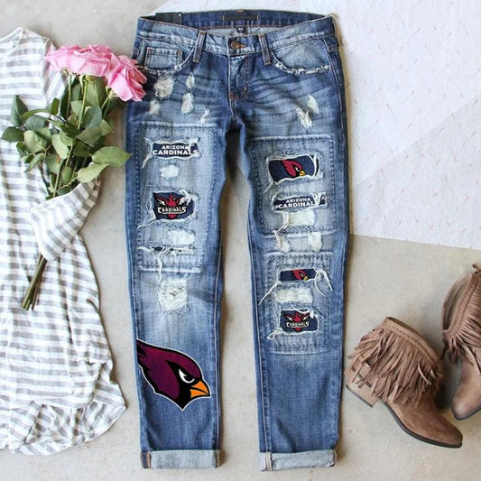 Game Day Mid-Rise Distressed Floral Print Straight Leg Denim Jeans