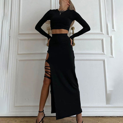Two Piece Crop Top and Strappy Cut Out Maxi Skirt Set