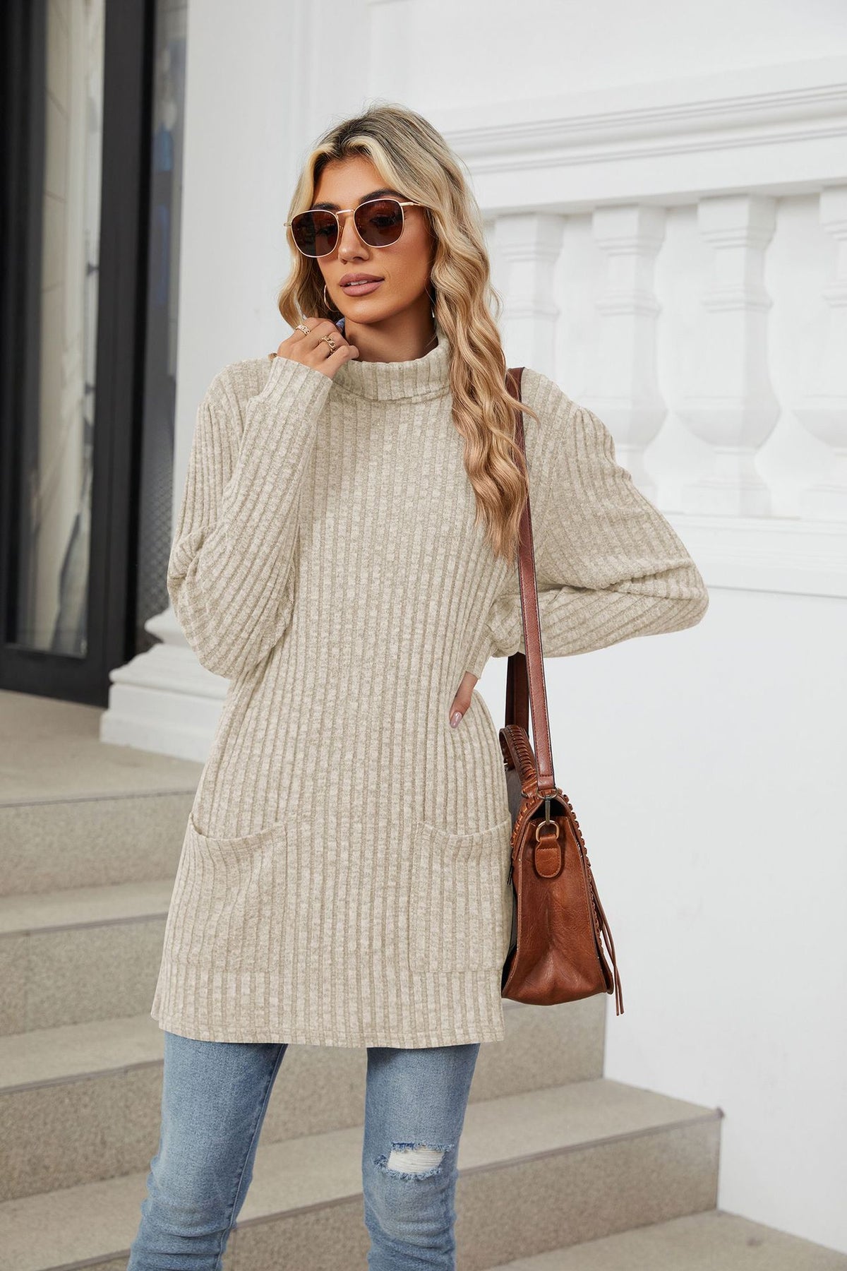 Women's Oversized Ribbed Mock Neck Tunic with Pockets