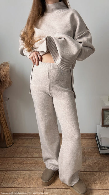 Knit Turtleneck Lounge Set with Wide Leg Pants