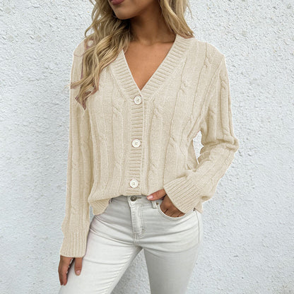 Women's Chenille Cable Knit V Neck Button Cardigan