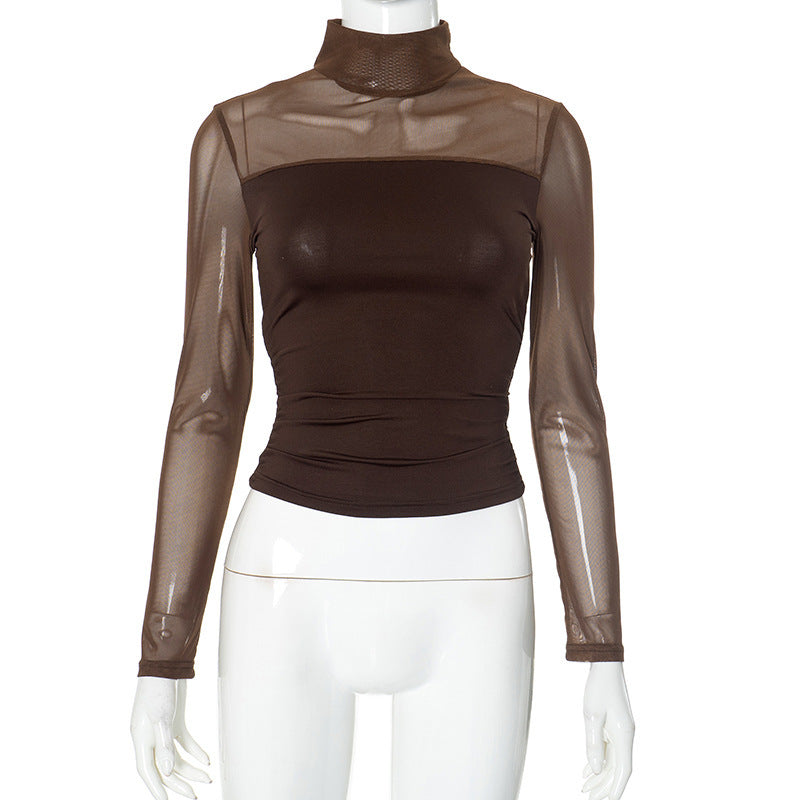 Sexy Sheer Mesh Mock Neck Long Sleeve Crop Top