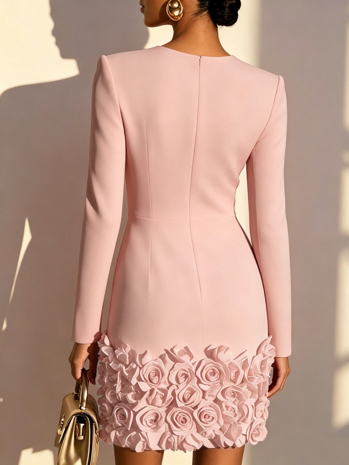 V-Neck Long Sleeve Bodycon Mini Dress 3D Rose Hem