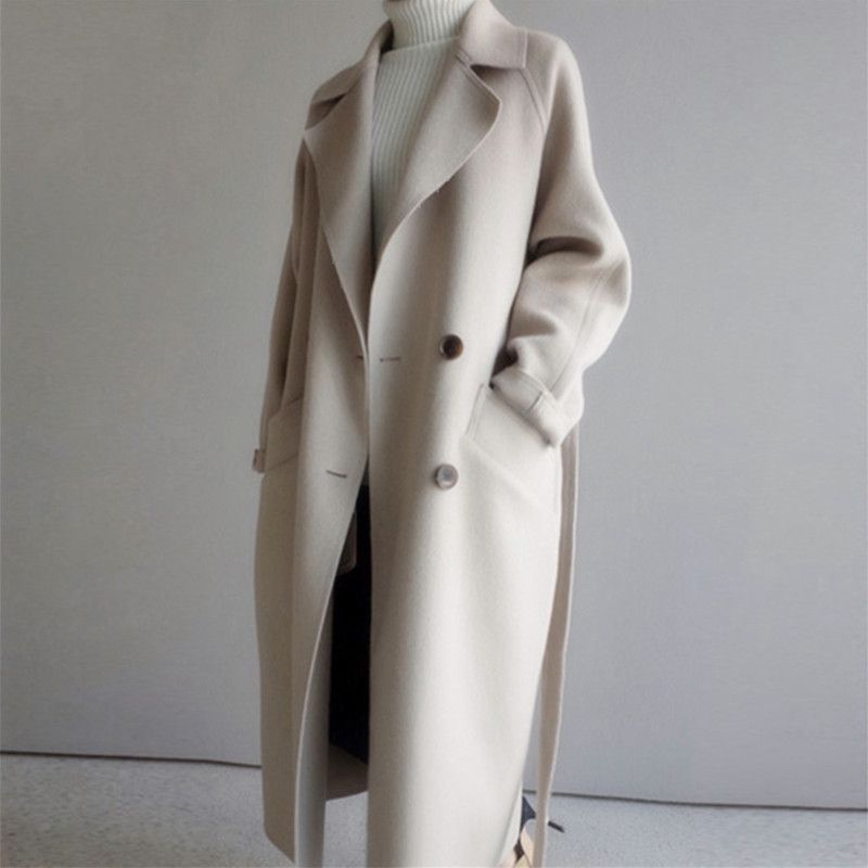 Women's Long Wool Coat Belted Double Breasted Trench