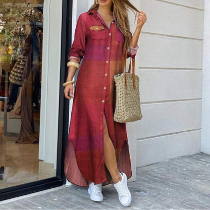 Women's Long Sleeve Button Down Printed Maxi Shirt Dress