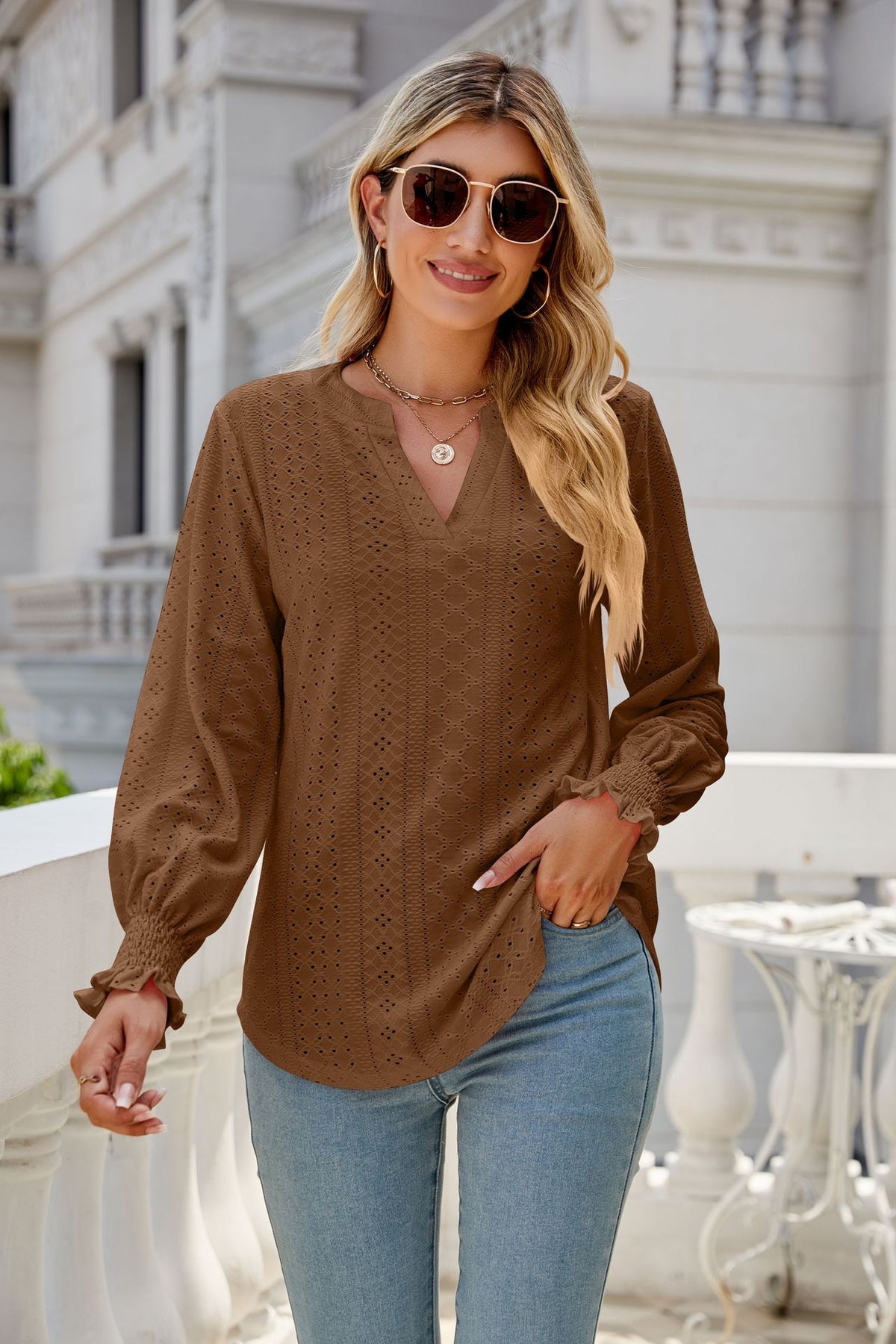 Women's Eyelet V-Neck Long Sleeve Ruffle Cuff Loose Blouse