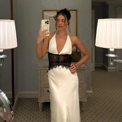 Halter Deep V Neck Backless Lace Bodycon Maxi Dress