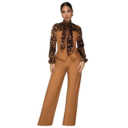 Leopard Print Tie Neck Blouse & Wide Leg Pants Set