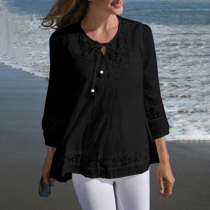 Women's Boho Lace Cotton Linen 3/4 Sleeve Tunic Blouse