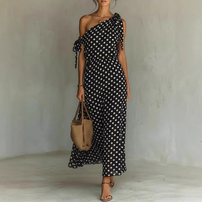 Polka Dot One Shoulder Tie Maxi Dress