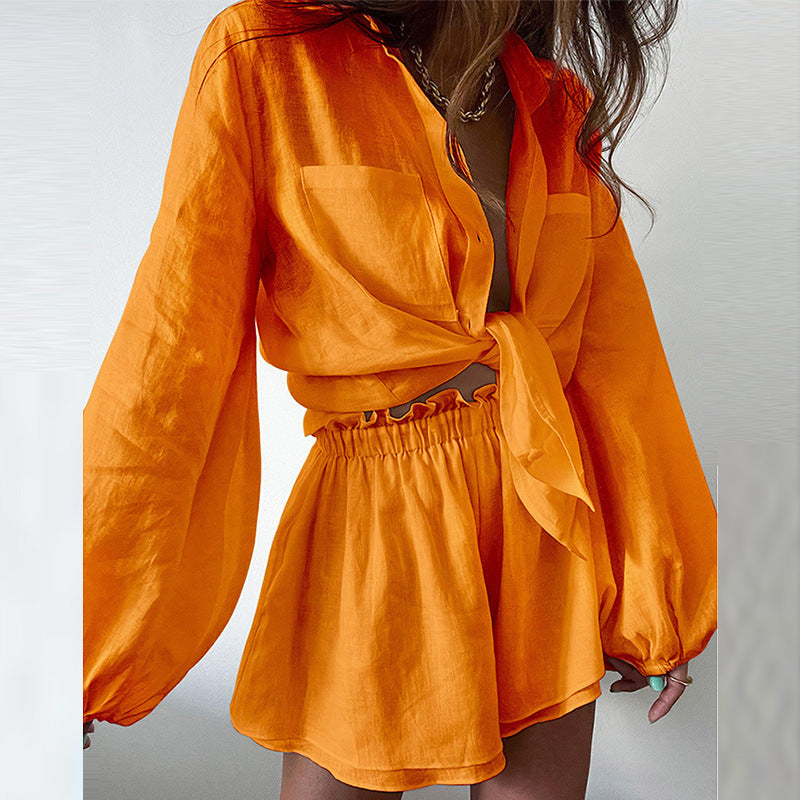 Women's Tie Front Shirt and Shorts Matching Set