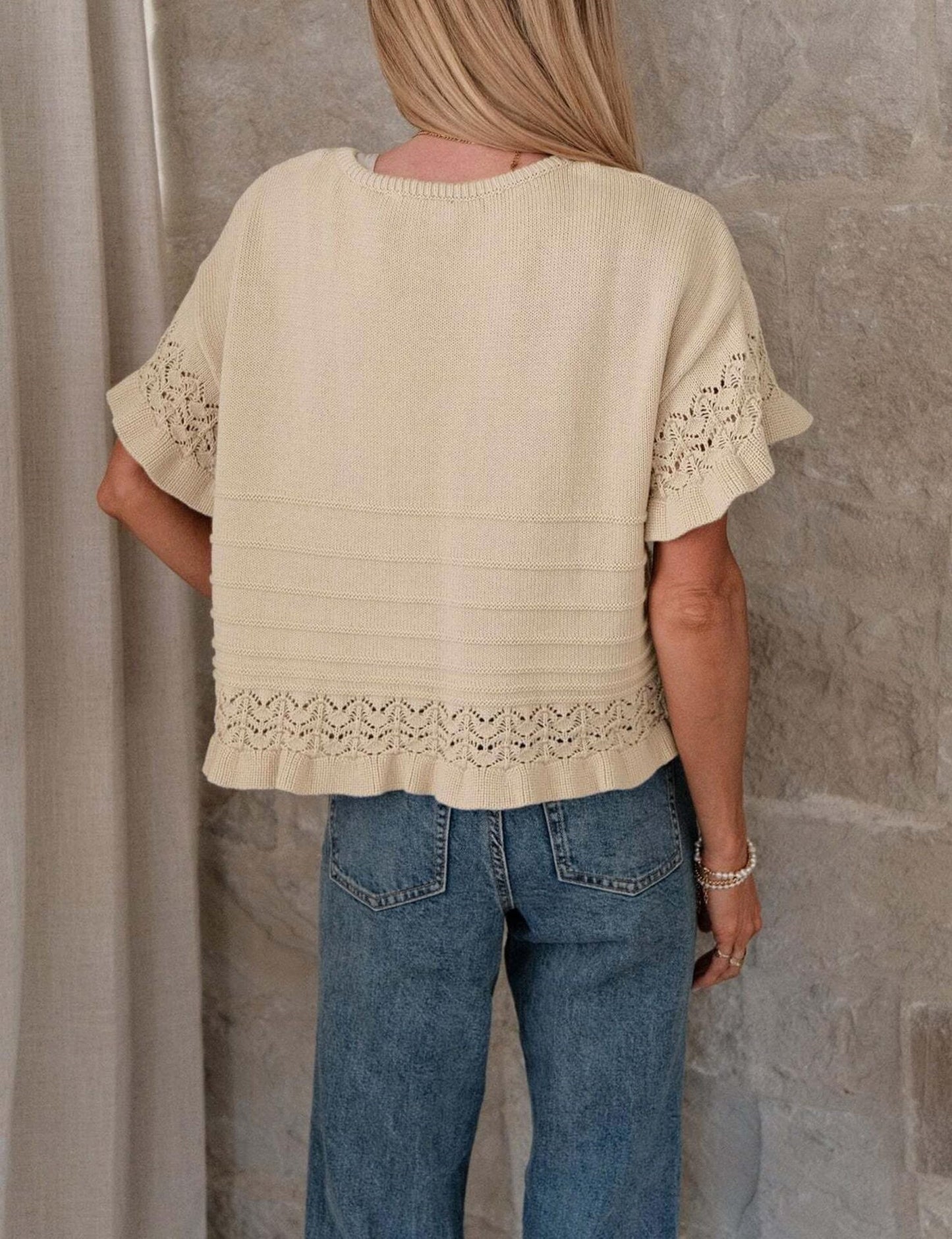 Ruffle Sleeve Crochet Knit Sweater Top Women Summer Blouse