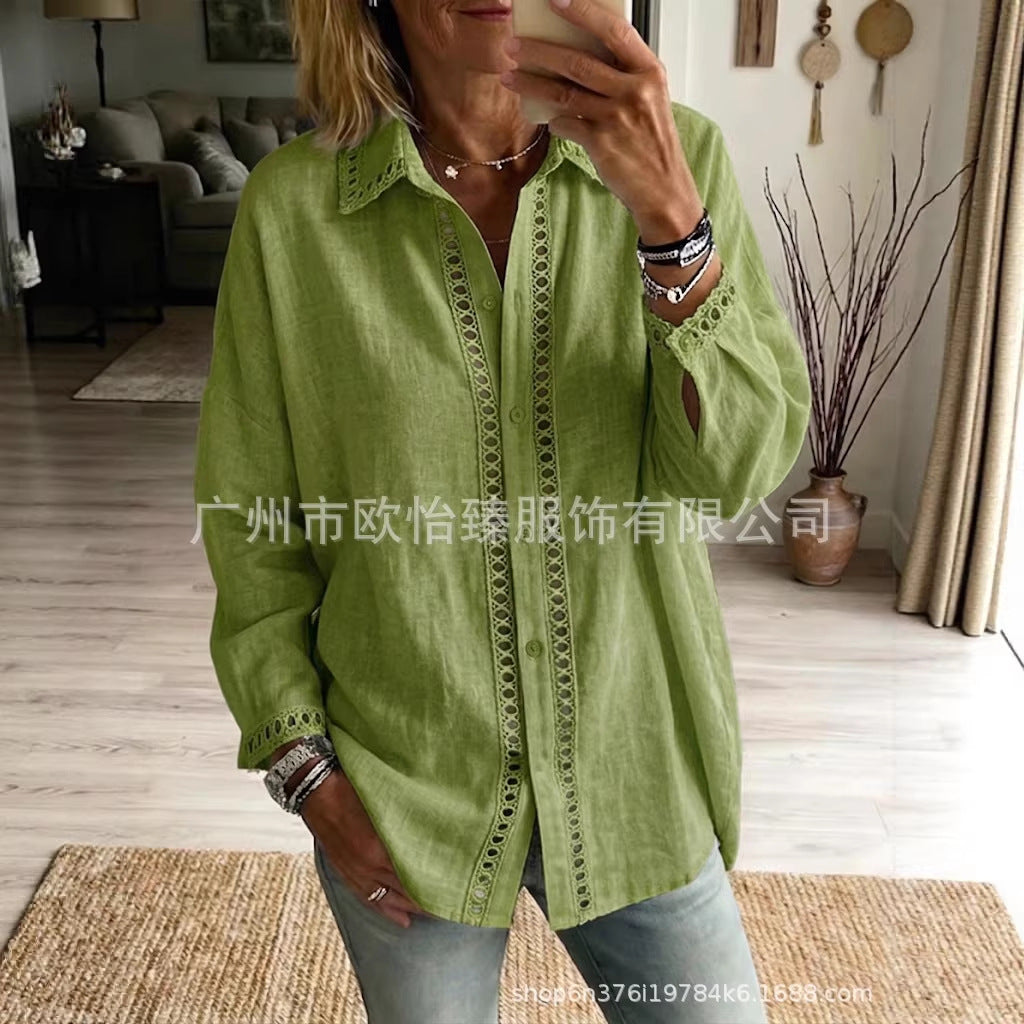 Women's Cotton Linen Lace Trim Collared Shirt