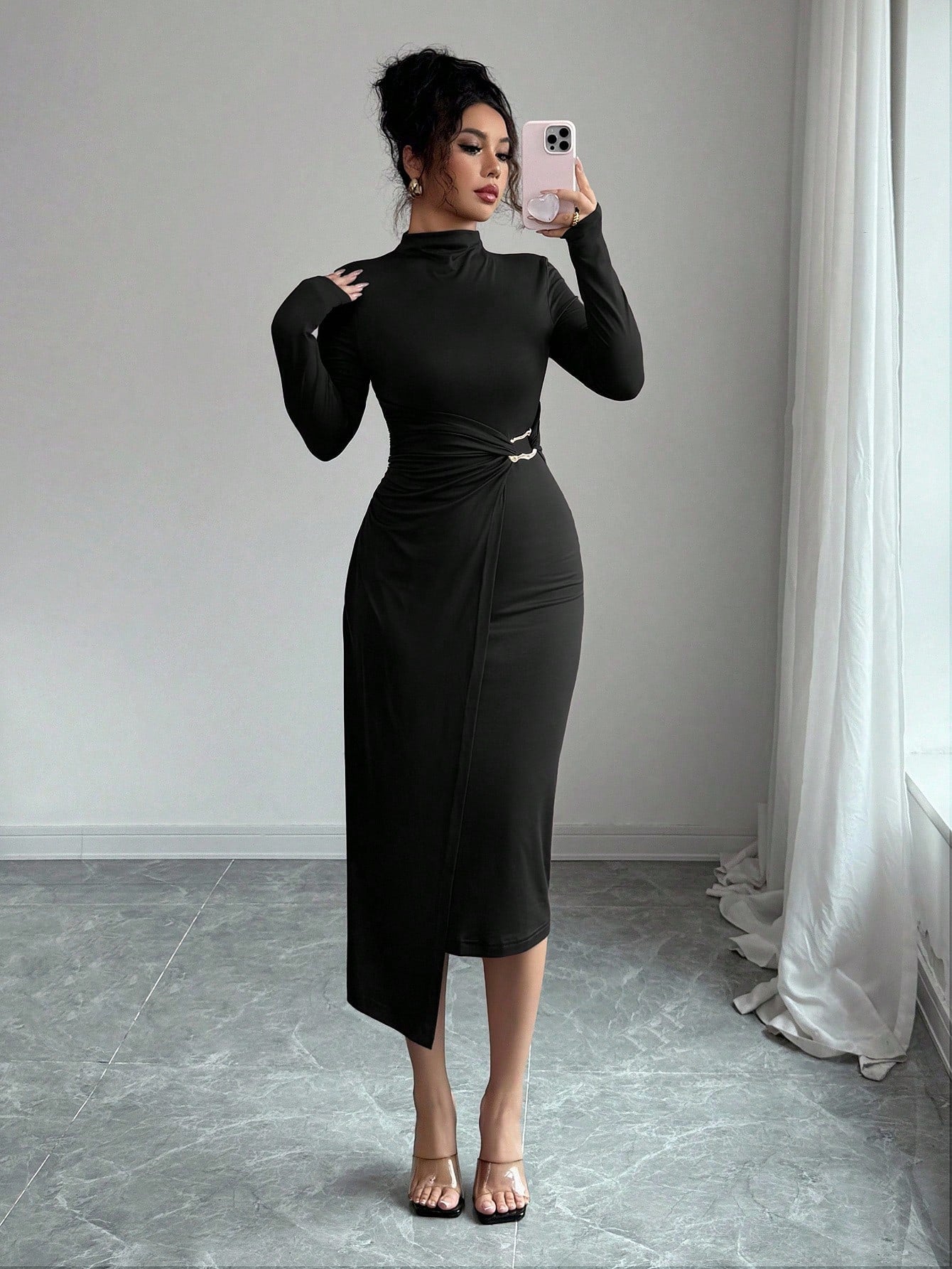 Mock Neck Ruched Bodycon Midi Dress with Gold Detail