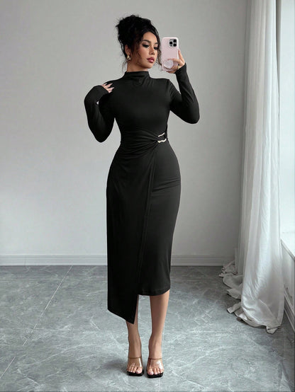 Mock Neck Ruched Bodycon Midi Dress with Gold Detail
