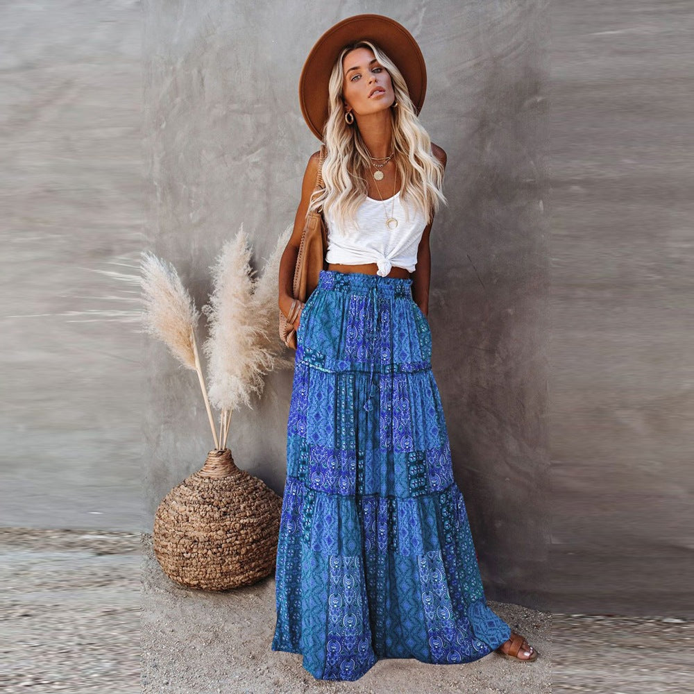Boho Print Maxi Skirt High Waist Flowy Patchwork