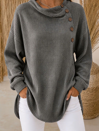 Women's Waffle Knit Cowl Neck Button Pullover Sweater