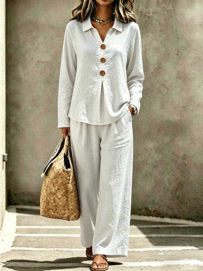 Womens Linen Button Shirt Wide Leg Pants Two Piece Set
