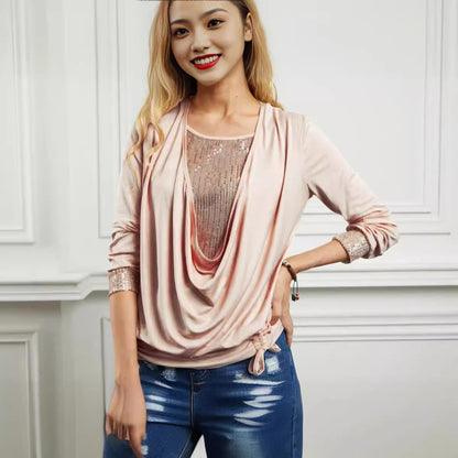 Sequin Draped Neck Layered Long Sleeve Top Loose Fit