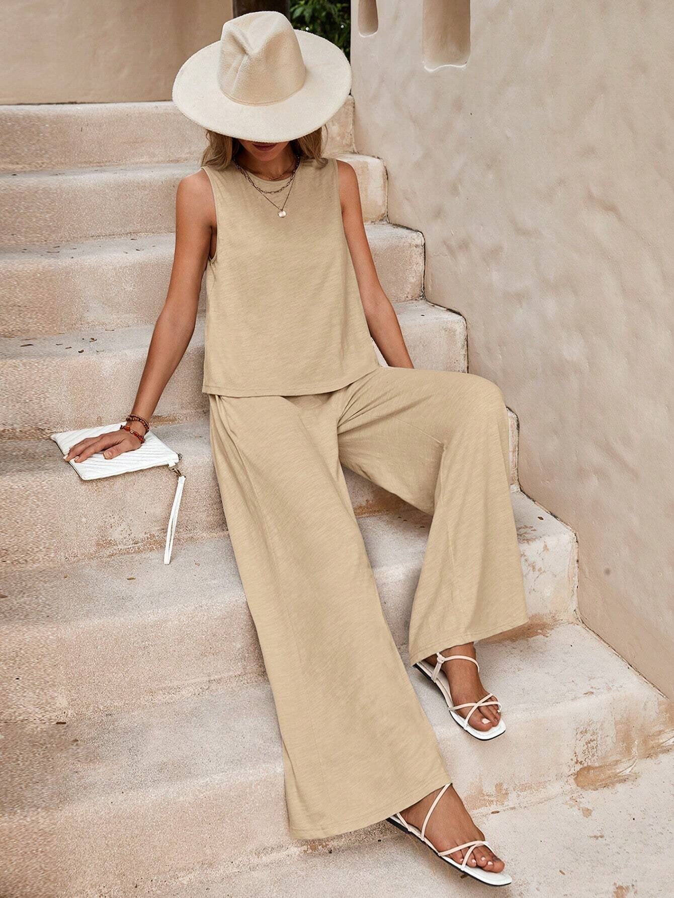 Navy Sleeveless Wide Leg Lounge Set Casual Two Piece