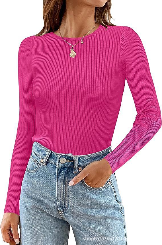 Women's Basic Ribbed Crew Neck Long Sleeve Knit Top