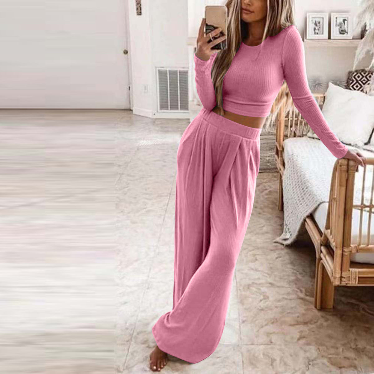 Women's Ribbed Crop Top and Wide Leg Pants Lounge Set