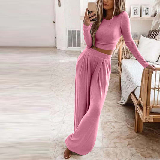 Women's Ribbed Crop Top and Wide Leg Pants Lounge Set