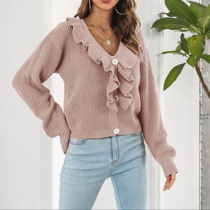 Women's Ruffle V-Neck Cropped Cardigan