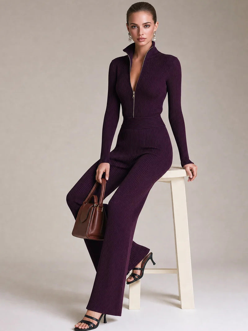 Women's Ribbed Knit Half Zip Wide Leg Jumpsuit