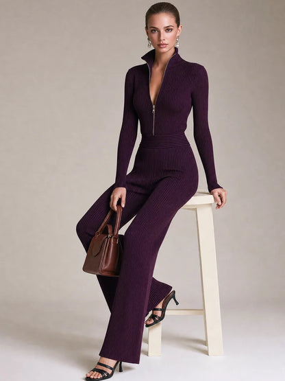 Women's Ribbed Knit Half Zip Wide Leg Jumpsuit