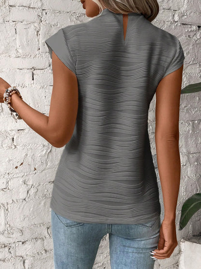 Textured Wavy Stripe Button Semi-Turtleneck Top