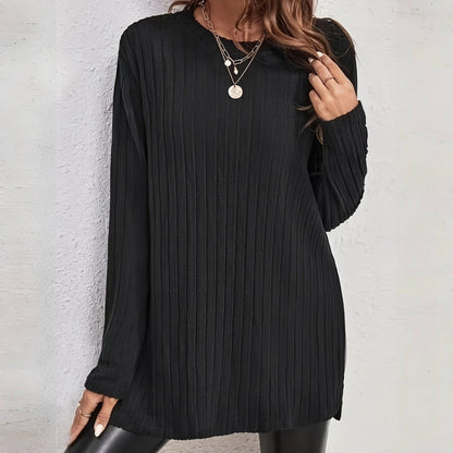 Women's Ribbed Long Sleeve Crew Neck Tunic Top Side Slit