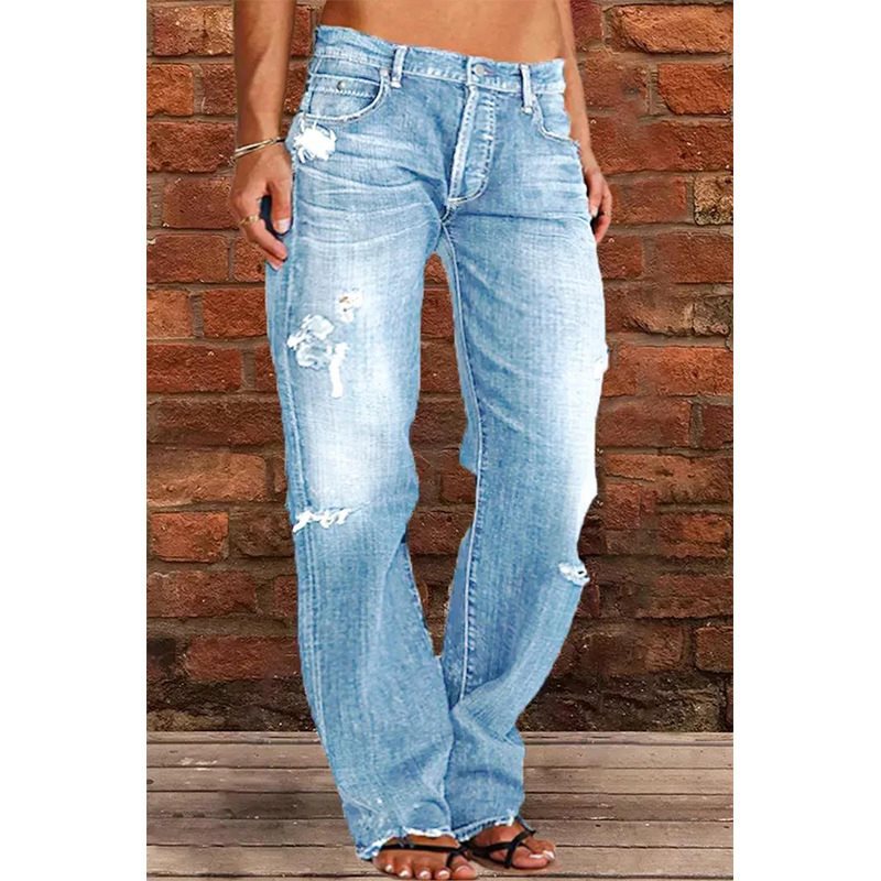 Women's Distressed Flare Jeans Vintage Wash Cotton Denim
