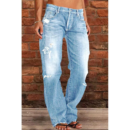 Women's Distressed Flare Jeans Vintage Wash Cotton Denim