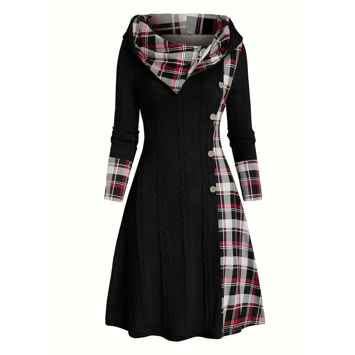 Hooded Cable Knit Sweater Dress Plaid Contrast Midi
