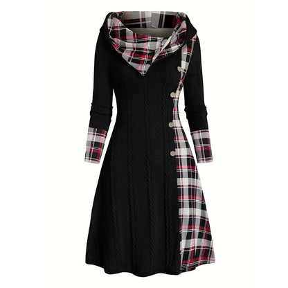 Hooded Cable Knit Sweater Dress Plaid Contrast Midi