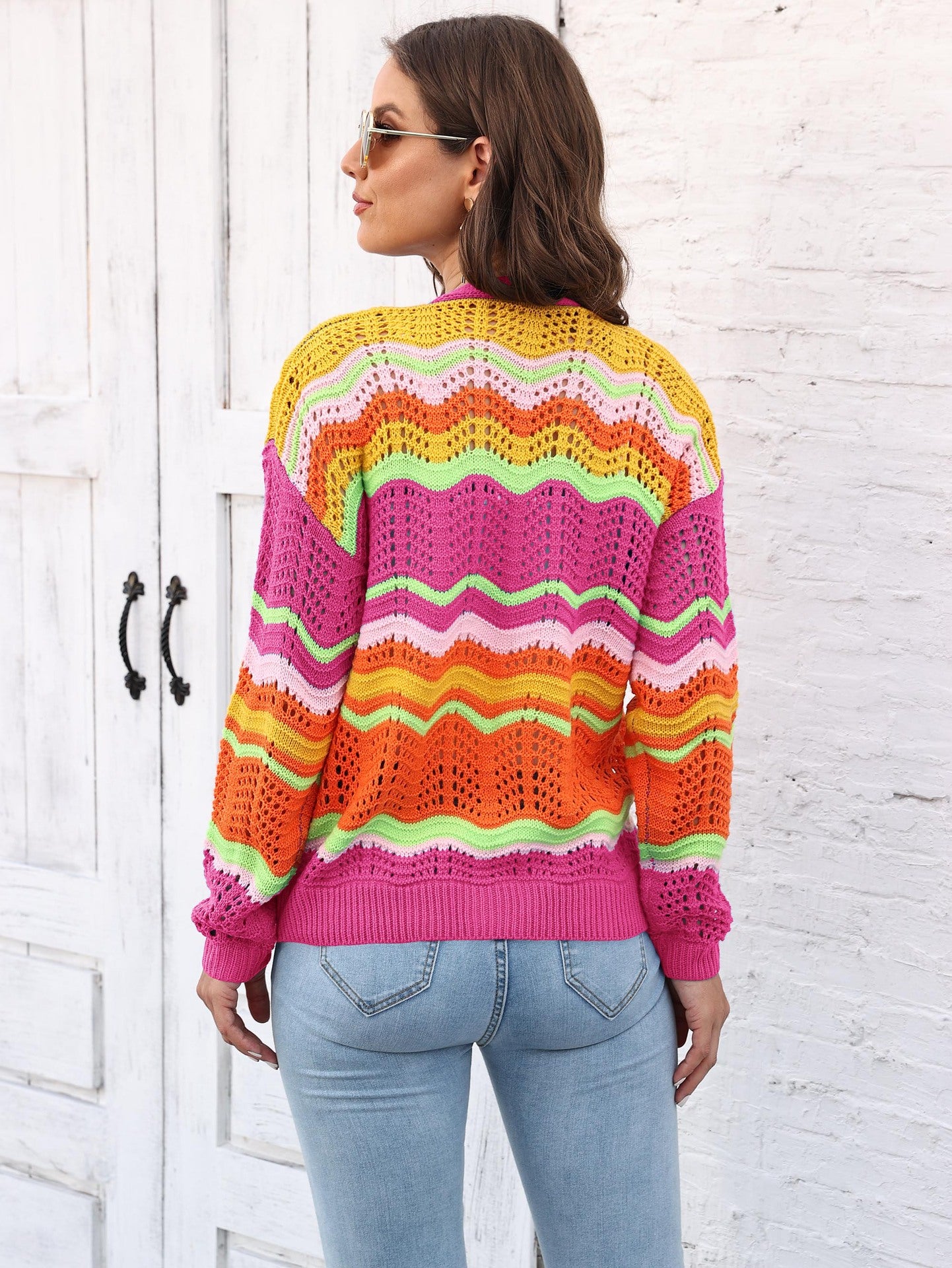 Women's Rainbow Patchwork Striped Sweater Jacket