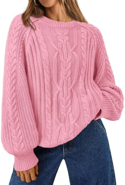Women's Oversized Cable Knit Crew Neck Pullover Sweater