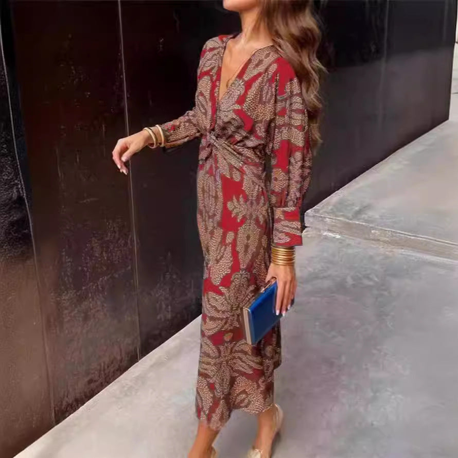 Women's V-Neck Paisley Midi Dress Long Sleeve Boho